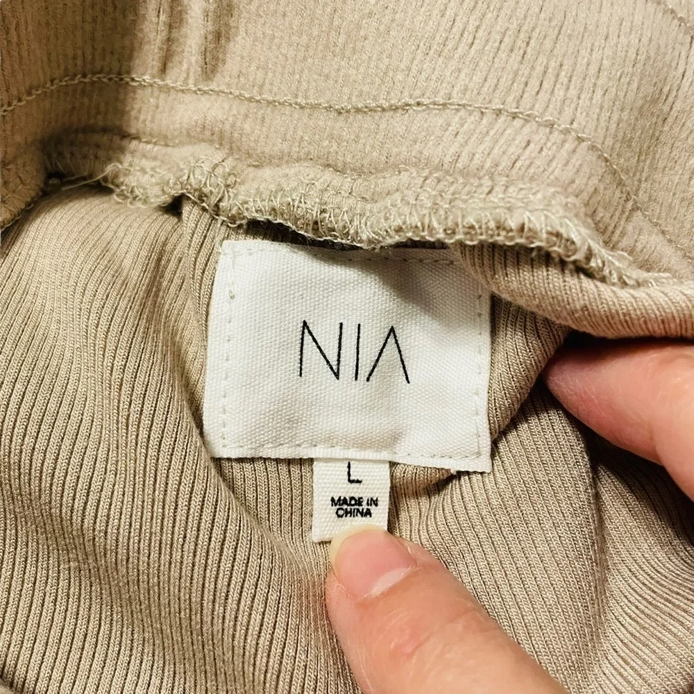 NIA Straight Leg Taupe High Waist Soft Lounge Puddle Hem Drawstring Pants. Sz L